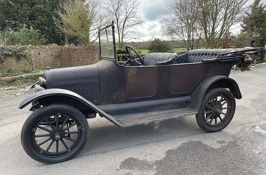 Old rusty Maxwell car in for restoration